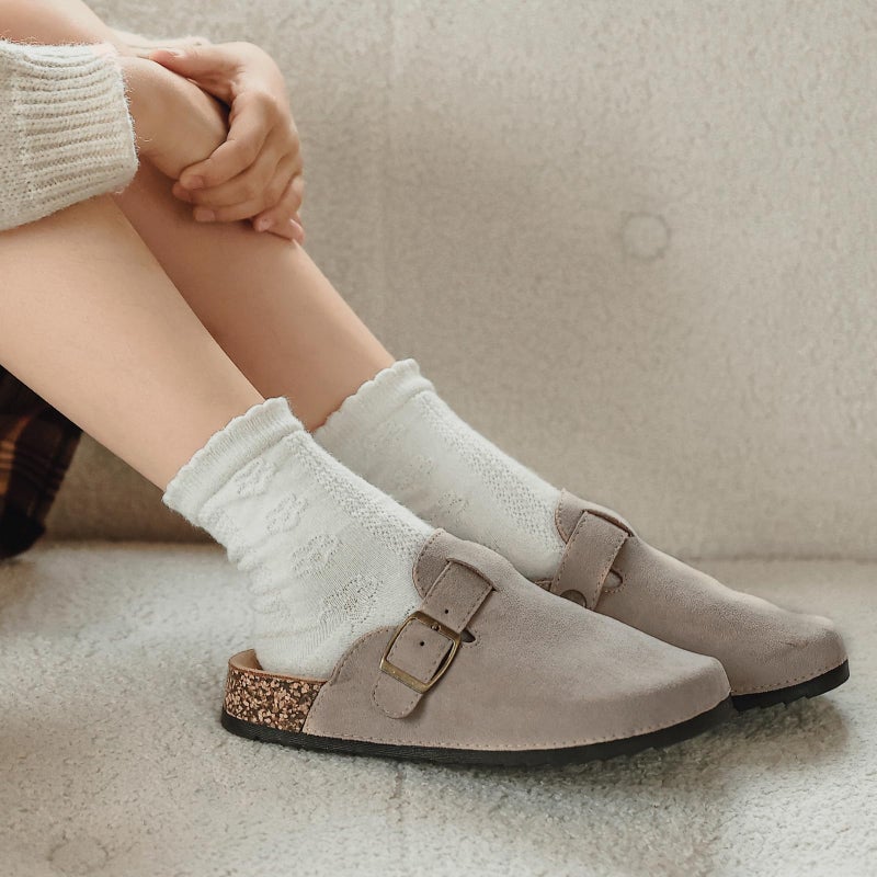 XTJSCBDSH Kids Suede Clogs with Cork Footbed, Toddler Boys Girls Sandals, Adjustable Buckle Slip-On Slippers, Arch Support Mules for Indoor Outdoor Beige - Image 3