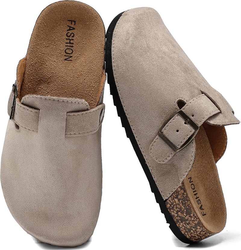 XTJSCBDSH Kids Suede Clogs with Cork Footbed, Toddler Boys Girls Sandals, Adjustable Buckle Slip-On Slippers, Arch Support Mules for Indoor Outdoor Beige - Image 1
