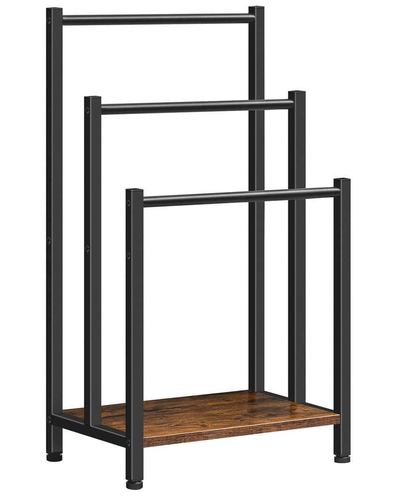 HOOBRO Free Standing Towel Rack, 3 Tier Blanket Rack, Blanket Holder for Bathroom, 16.9" L x 11" W x 31.9" H, Industrial Metal Drying and Display Rack with Shelf, Rustic Brown and Black BF03LB01 - Image 1