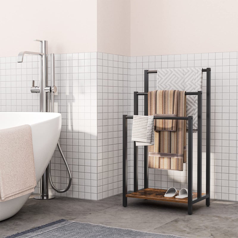HOOBRO Free Standing Towel Rack, 3 Tier Blanket Rack, Blanket Holder for Bathroom, 16.9" L x 11" W x 31.9" H, Industrial Metal Drying and Display Rack with Shelf, Rustic Brown and Black BF03LB01 - Image 3