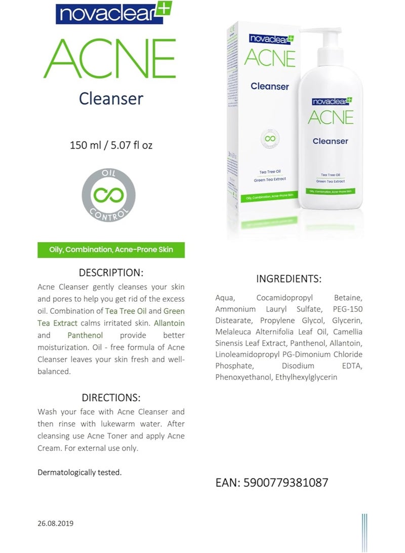 novaclear منظف حب الشباب نوفاكلير بزيت شجرة الشاي 150 مل - غسول للوجه للبشرة الدهنية والمعرضة لحب الشباب - Image 3