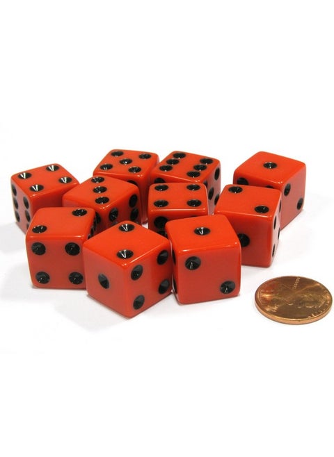 Set of 10 Six Sided Square Opaque 16mm D6 Dice -Red with Black Pip Die by Koplow Games