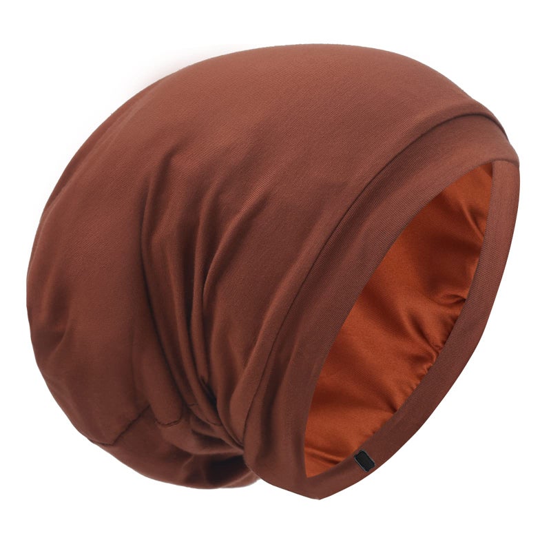 GB Selected Silk Satin Lined Bonnet Sleep Cap  Adjustable Stay on All Night Hair Wrap Cover Slouchy Beanie for Curly Hair Protection for Women and Men  Solid Caramel