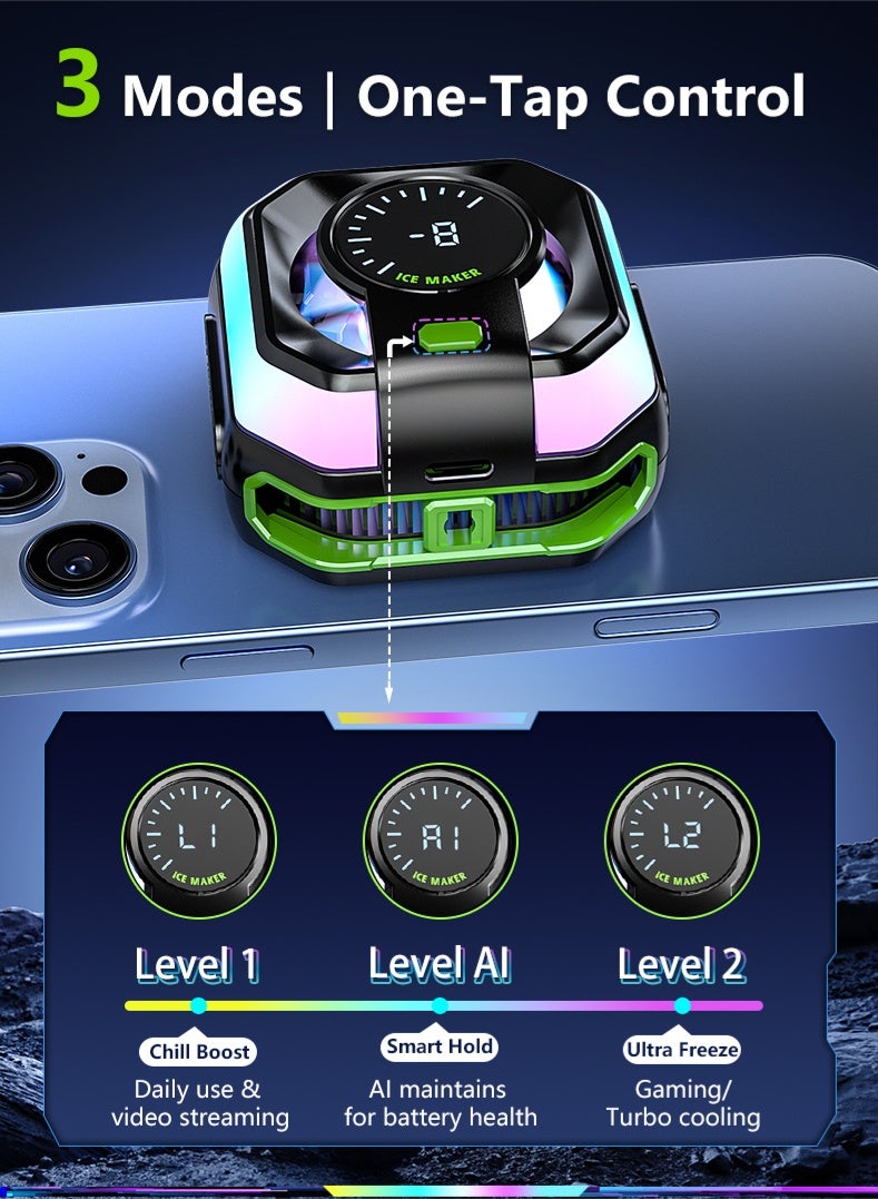 Phone Cooler, Low-Power Cryo Fan (5V/2A), Alloy Ventilation Ducts, Magnetic/Clip Dual-Mode, 3-Gear Smart Temp Control, Quiet Noise Reduction, Colorful LED Temp Display - mobile cooling fan for Gaming, Streaming, Videos, News, Reading - PUBG, TikTok, YouTube, Instagram Compatible (IPhone/Samsung/Redmagic/Huawei…) - Image 4