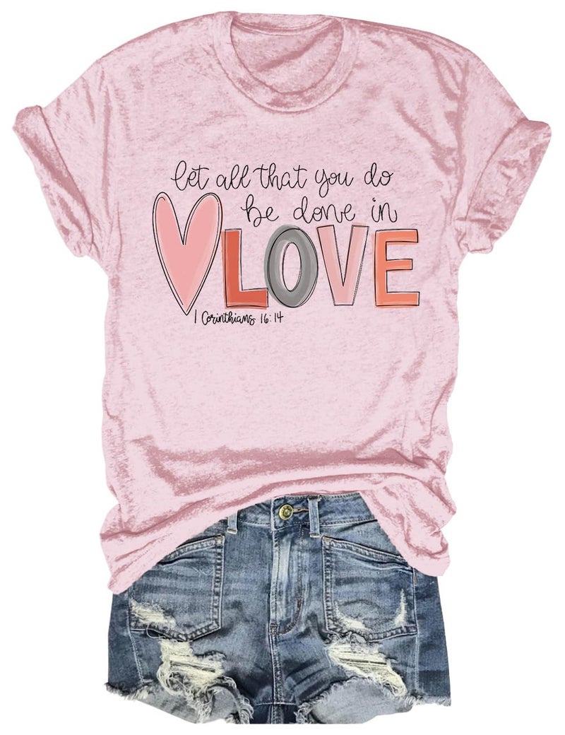 Womens Valentine's Day Graphic Tees Short Sleeve Heart Printed Shirts Blouse Tops