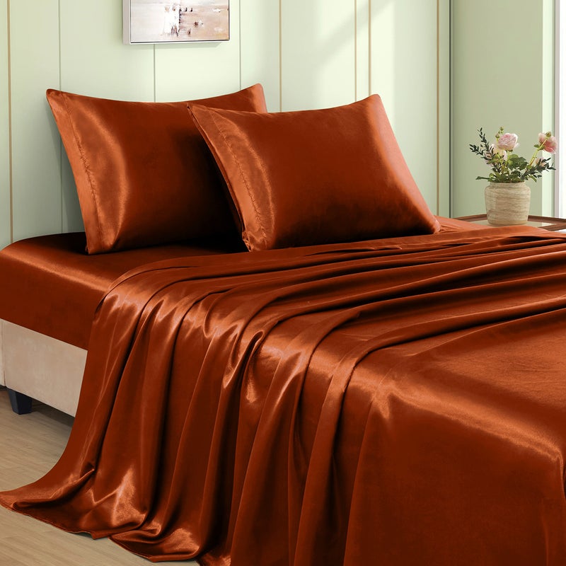 VACVELT 4pcs Rust Orange Satin Sheets King Size Bed Set 15 Inch Deep Pocket Silky Satin Sheet Set Soft Satin Bedding Set Cooling Luxury Bed Sheets 1 Fitted Sheet 1 Flat Sheet 2 Pillowcases
