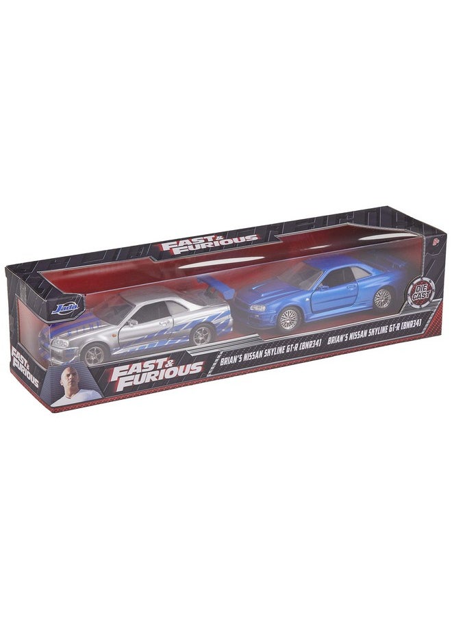Jada Toys - Fast & Furious Brian'S Nissan Skyline Gtr R34 Silver & Nissan Gtr R34 Blue 1:32 Die Cast Car Toys For Kids And Adults - Image 1