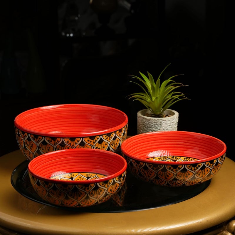 Caffeine Ceramic Handmade Orange Morocco Serving Bowl Set of 3 - Image 1