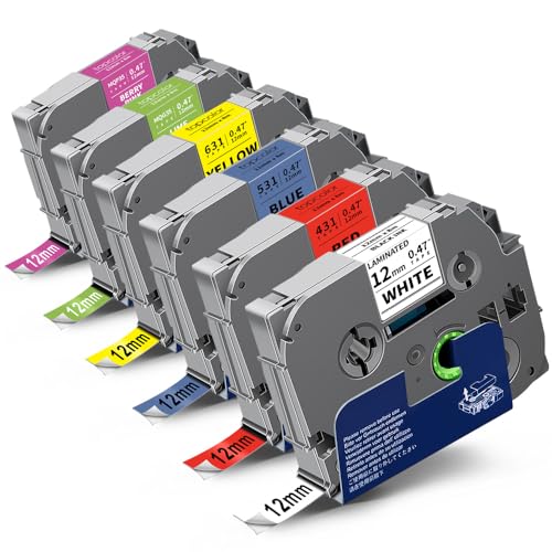 Topcolor 6-Pack 12mm 0.47" Multi-Color Label Tape Compatible for Brother Tze431 Tze531 Tze631 Tze MQG35 MQP35 P Touch Tze Tz Tape 12mm 0.47" Laminated White for PTH110 PTD220 PTD210 PTD400 PTD610BT - Image 1