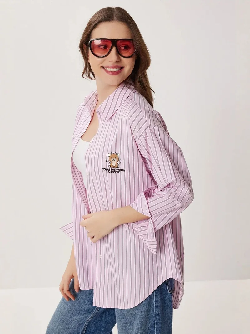Happiness İstanbul ISTANBUL Oversized Striped Poplin Shirt with Embroidery