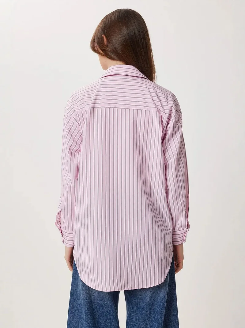 Happiness İstanbul ISTANBUL Oversized Striped Poplin Shirt with Embroidery