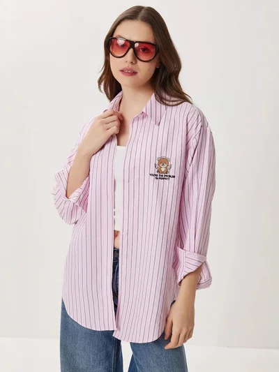 Happiness İstanbul ISTANBUL Oversized Striped Poplin Shirt with Embroidery