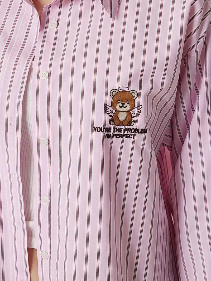 Happiness İstanbul ISTANBUL Oversized Striped Poplin Shirt with Embroidery