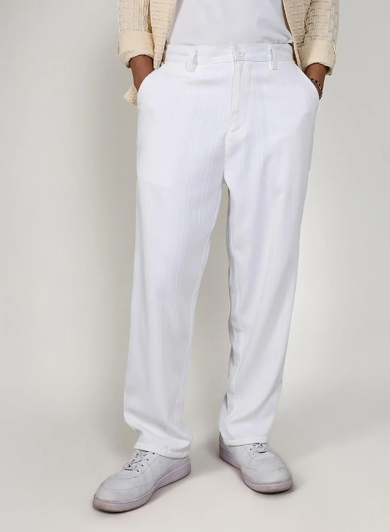 Campus Sutra Men's Chalk White Tailored Linen-Blend Trousers For Casual Wear | Tailored Fit | 4 Pockets | Button Closure | Trousers Crafted With Comfort Fit For Everyday Wear