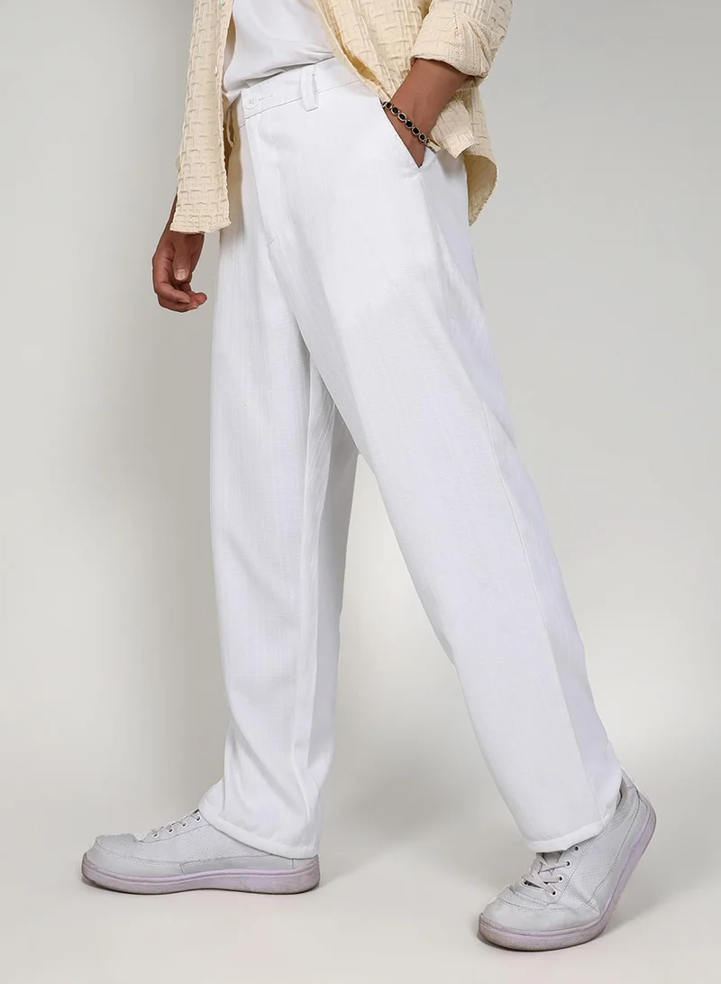 Campus Sutra Men's Chalk White Tailored Linen-Blend Trousers For Casual Wear | Tailored Fit | 4 Pockets | Button Closure | Trousers Crafted With Comfort Fit For Everyday Wear