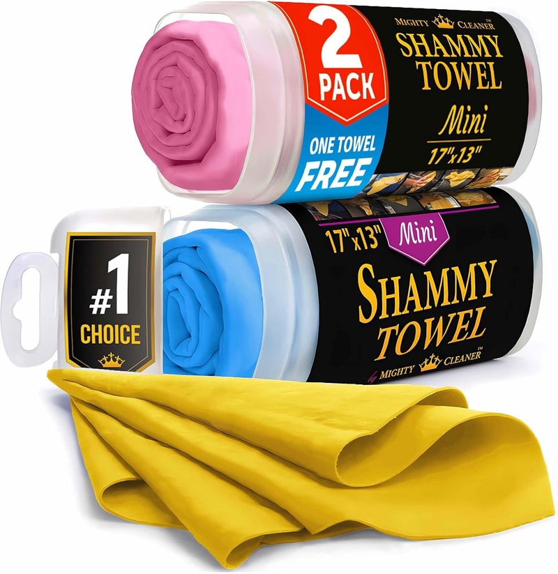 Mighty Cleaner Premium 2pk Mini +1 Free Shammy Cloth - Super Absorbent Chamois Towel - Reusable Scratch-Free Car Drying Towel - 17'x13' - Image 1