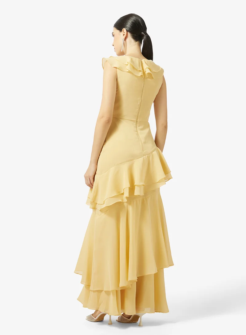 Maya Asymmetric Ruffle Floral Embellished Maxi