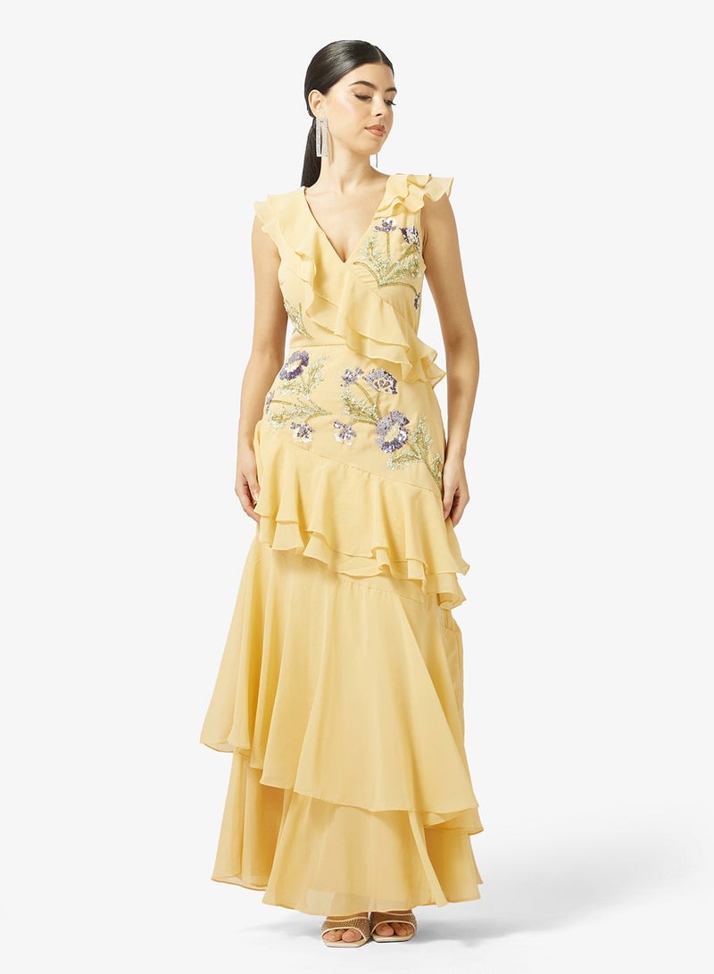 مايا ماكسي مزين بالزهور بكشكش غير متماثل - Image 4