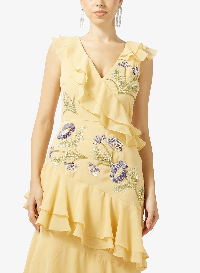 مايا ماكسي مزين بالزهور بكشكش غير متماثل - Image 3