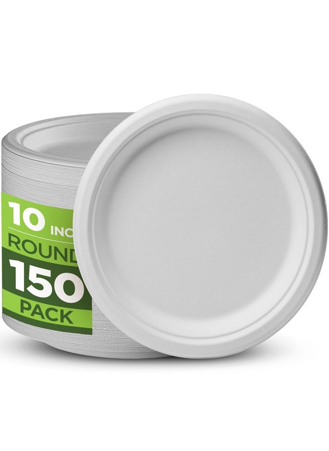 Munfix 100% Compostable Paper Plates 150 Pack, 10 Inch Heavy Duty Biodegradable Microwavable Disposable White Dinner Plates, Made of Eco-Friendly, Natural Sugarcane Bagasse  - Image 1