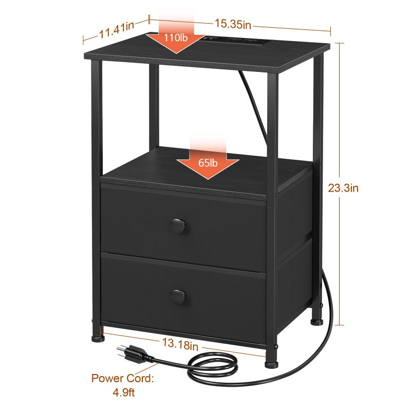 LOAKEKEL Night Stand Set 2, Black Nightstand with Charging Station, End Tables with Storage Shelf for Small Spaces, Bedside Table Side Tables with 2 Fabric Drawers for Bedroom, HETS020BK - Image 5