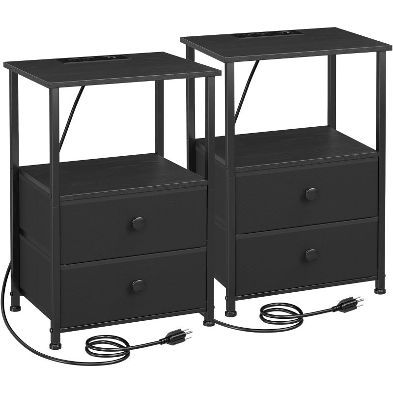 LOAKEKEL Night Stand Set 2, Black Nightstand with Charging Station, End Tables with Storage Shelf for Small Spaces, Bedside Table Side Tables with 2 Fabric Drawers for Bedroom, HETS020BK - Image 1