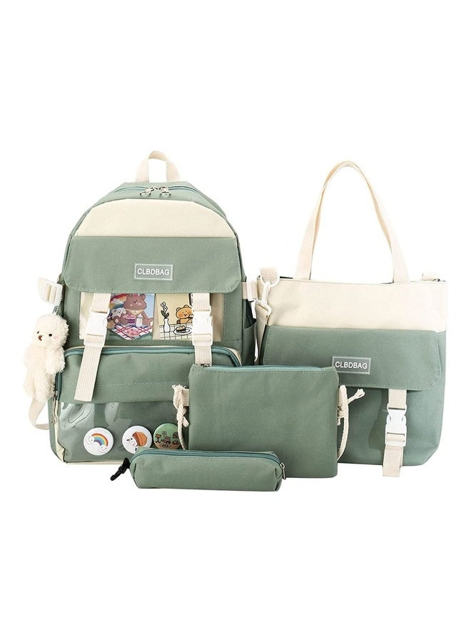 4 PCS Backpack Combo Set, KASTWAVE with Bear Pendant Cute Cartoon Kawaii Accessories Canvas Kawaii School Bag Sets with Pencil Box Lunch Box Bag (Green) - Image 1