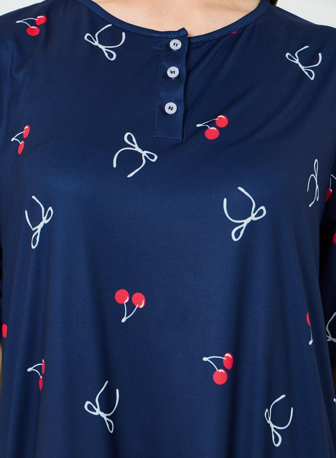 Styli Navy Blue Cherry Print Short Sleeve T-Shirt Dress - Image 3
