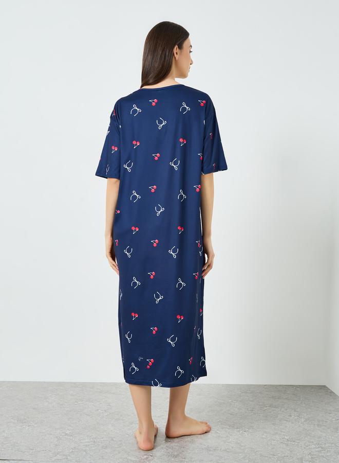 Styli Navy Blue Cherry Print Short Sleeve T-Shirt Dress - Image 4