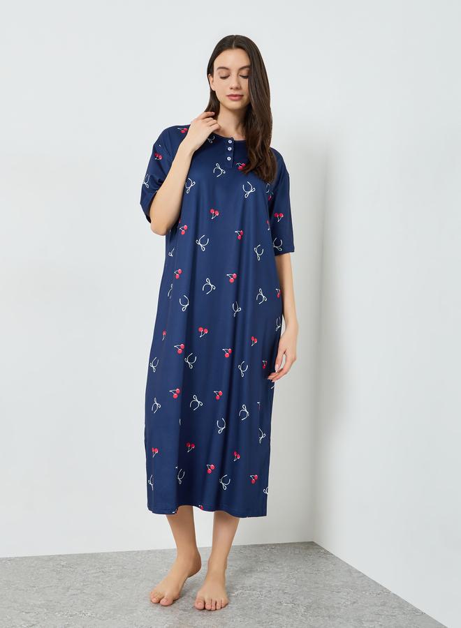 Styli Navy Blue Cherry Print Short Sleeve T-Shirt Dress - Image 1