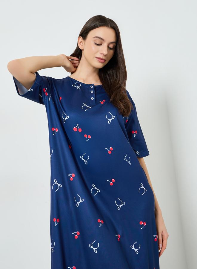 Styli Navy Blue Cherry Print Short Sleeve T-Shirt Dress - Image 2