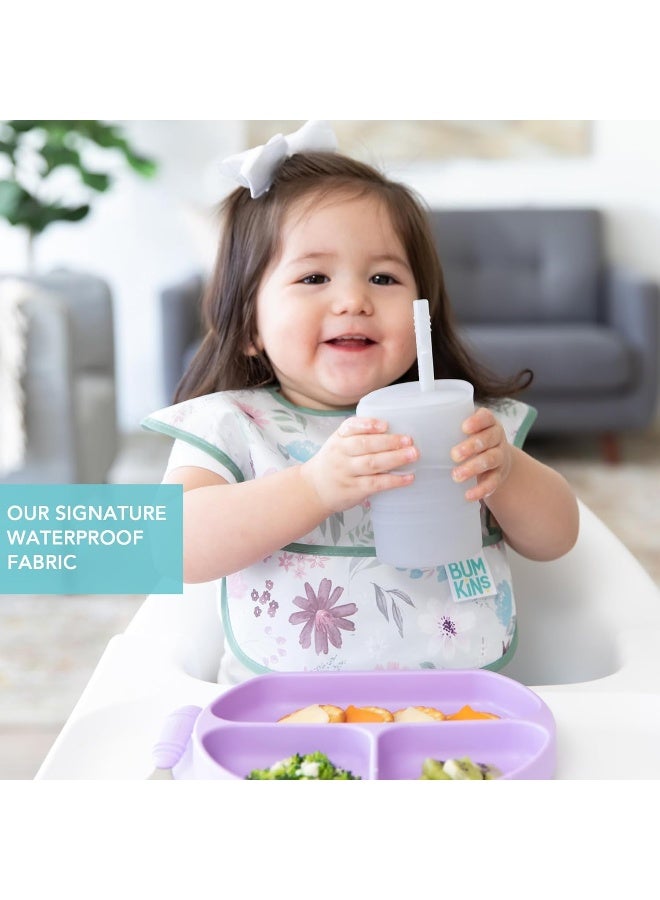 Bumkins Bibs for Girl or Boy, SuperBib Baby and Toddler for 6-24 Mos, Essential Must Have for Eating, Feeding, Baby Led Weaning Supplies, Mess Saving Catch Food, Waterproof Soft Fabric, Gray Floral - Image 4