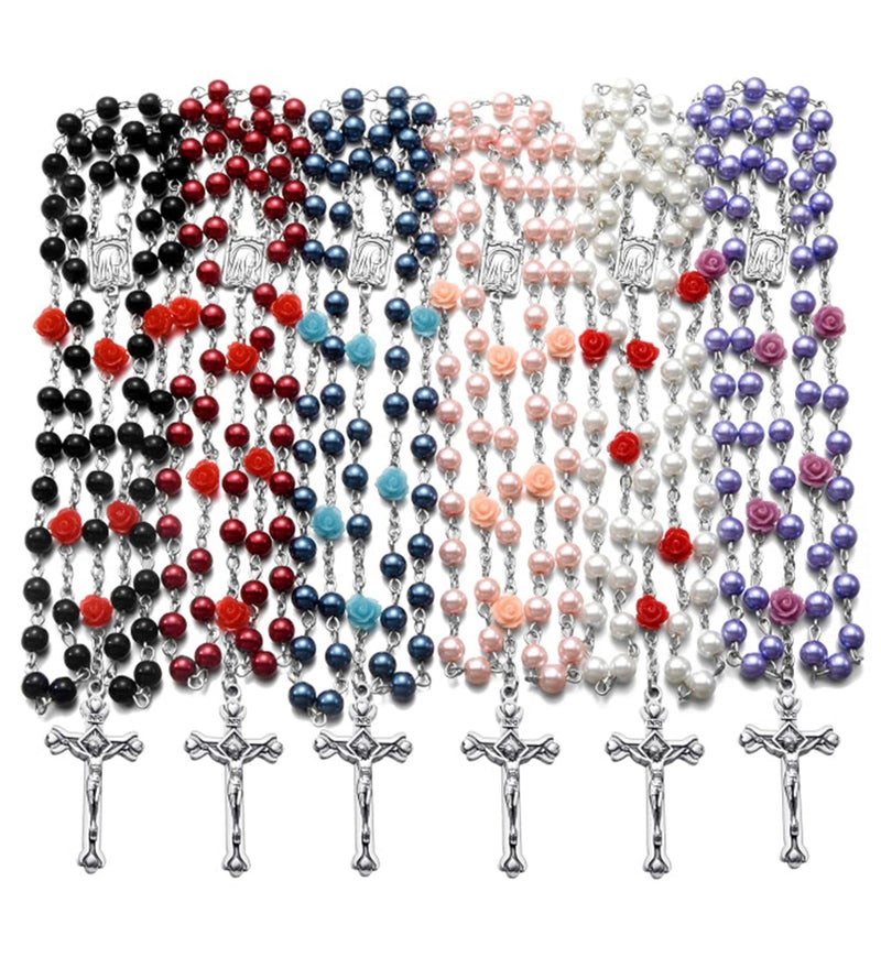 SZQCZB Rosary Beads Catholic Bulk for Women Men, Rose Our Father Beads with Jesus Christ Crucifix Cross First Communion Confirmation Gifts-6 Packs - Image 1