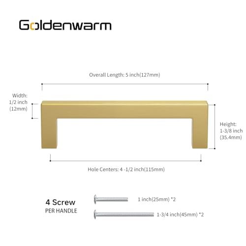 goldenwarm Kitchen Cabinet Handle Brushed Brass Drawer Pull Handles for Cabinets - LSJ12GD115 Square Bar Pulls Antique Brass Bathroom Cabinet Hardware Modern Knobs for Dresser Drawers - Image 2