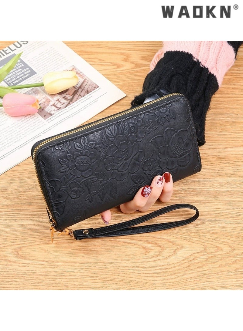 WAOKN New fashionable long zipper clutch with large mobile phone compartment, exquisite embossed pattern, convenient bill holder, showcasing a simple and elegant women's wallet trend（Black）  - Image 1