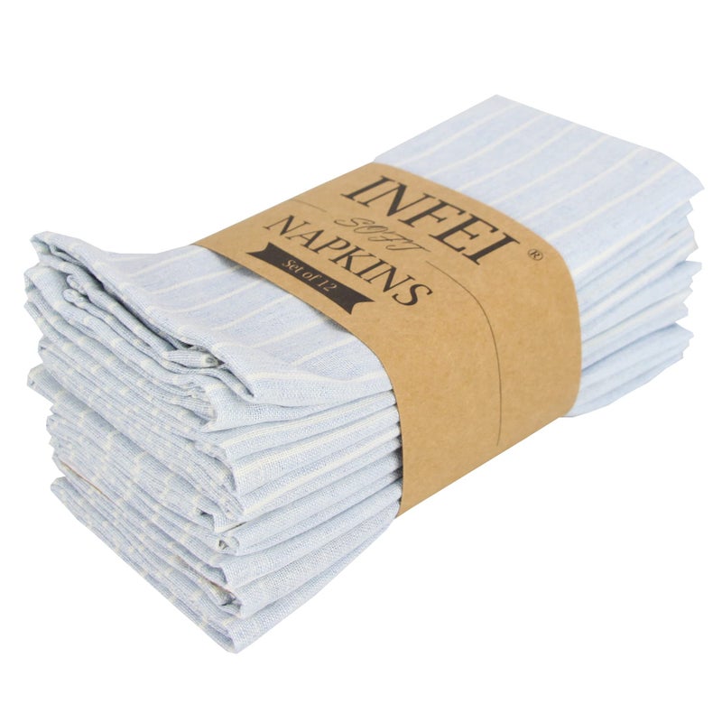INFEI White Striped Linen Cotton Dinner Cloth Napkins  Set of 12 40 x 30 cm  for Events  Home Use Sky Blue - Image 3