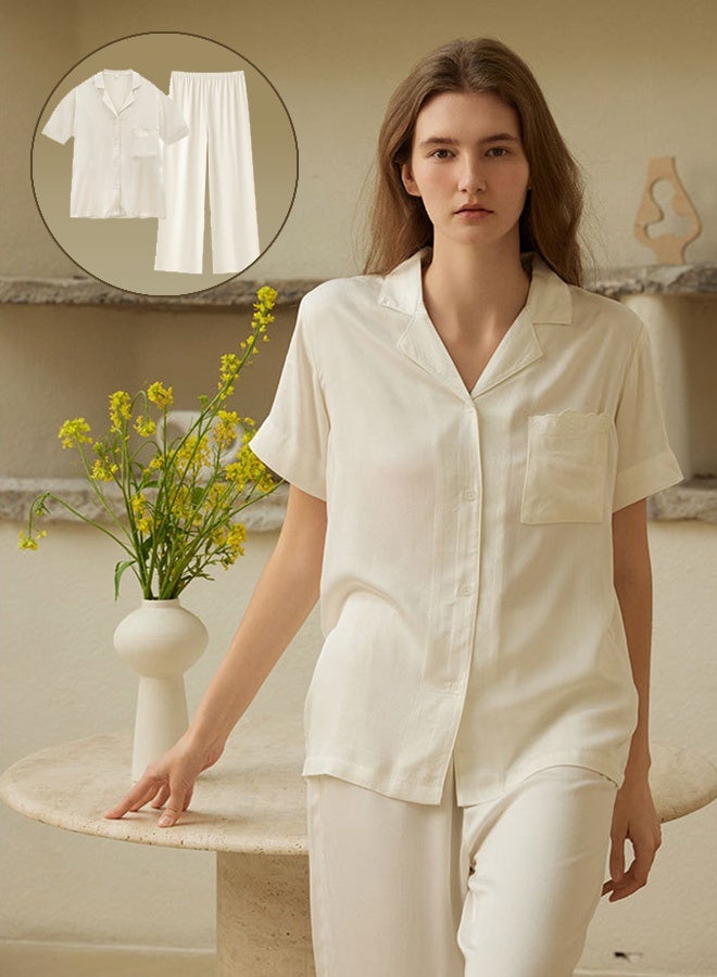 Women's Satin Embroidery Lounge Set - Luxury Palazzo Pajamas With Art Pockets And Collar For Home, Outdoors And Sleepwear - M  - Image 1