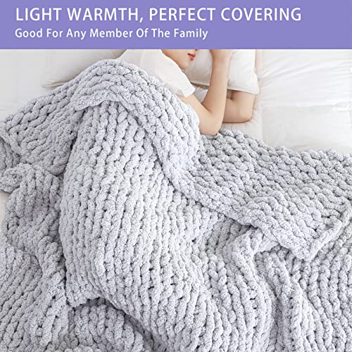Bigacogo Chunky Knit Throw Blanket for Couch, 40x60 inches, 100% Hand Knitted with Thick Jumbo Chenille Yarn, Cozy Soft Large Rope Knot Cable Crochet Blankets for Sofa Bed Living Room, Light Grey - Image 3