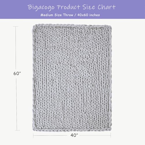 Bigacogo Chunky Knit Throw Blanket for Couch, 40x60 inches, 100% Hand Knitted with Thick Jumbo Chenille Yarn, Cozy Soft Large Rope Knot Cable Crochet Blankets for Sofa Bed Living Room, Light Grey - Image 2