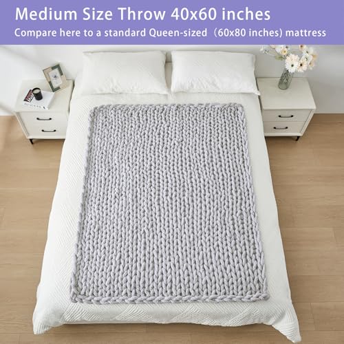 Bigacogo Chunky Knit Throw Blanket for Couch, 40x60 inches, 100% Hand Knitted with Thick Jumbo Chenille Yarn, Cozy Soft Large Rope Knot Cable Crochet Blankets for Sofa Bed Living Room, Light Grey - Image 5