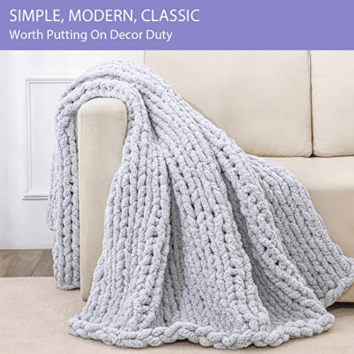 Bigacogo Chunky Knit Throw Blanket for Couch, 40x60 inches, 100% Hand Knitted with Thick Jumbo Chenille Yarn, Cozy Soft Large Rope Knot Cable Crochet Blankets for Sofa Bed Living Room, Light Grey - Image 4