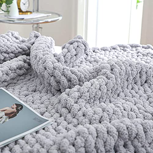 Bigacogo Chunky Knit Throw Blanket for Couch, 40x60 inches, 100% Hand Knitted with Thick Jumbo Chenille Yarn, Cozy Soft Large Rope Knot Cable Crochet Blankets for Sofa Bed Living Room, Light Grey - Image 1