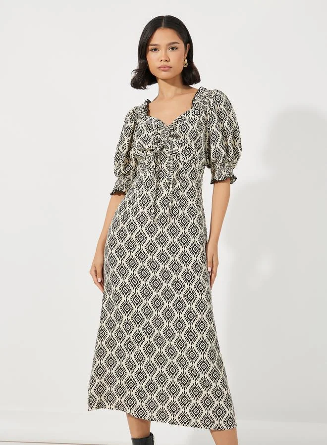 Styli Printed Ruched Midi Dress
