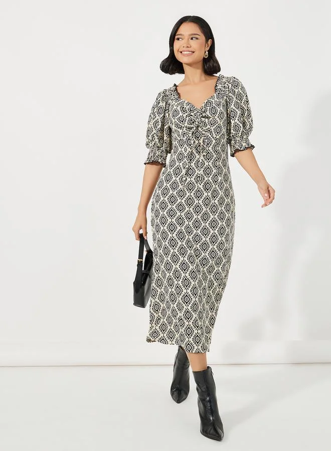 Styli Printed Ruched Midi Dress