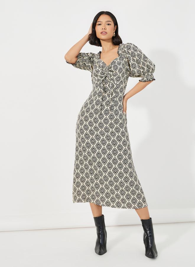 Printed Ruched Midi Dress