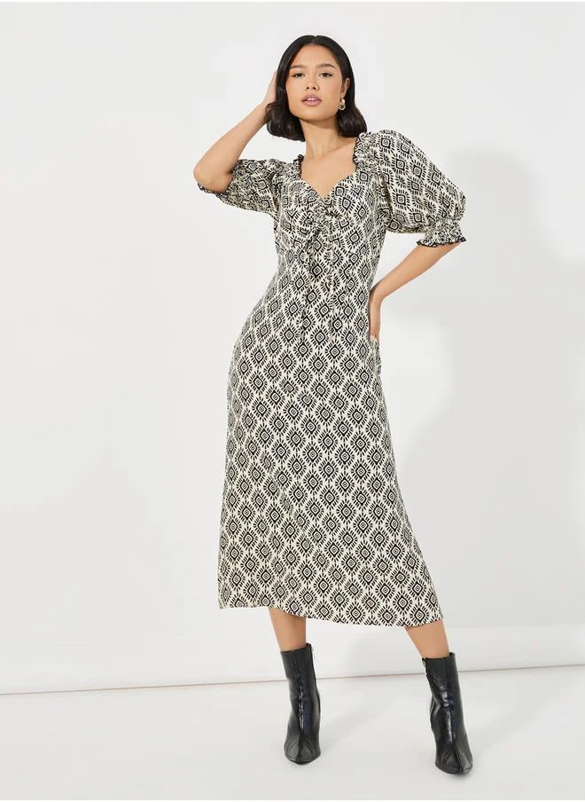 Styli All Over Print Ruched Detail Midi Dress