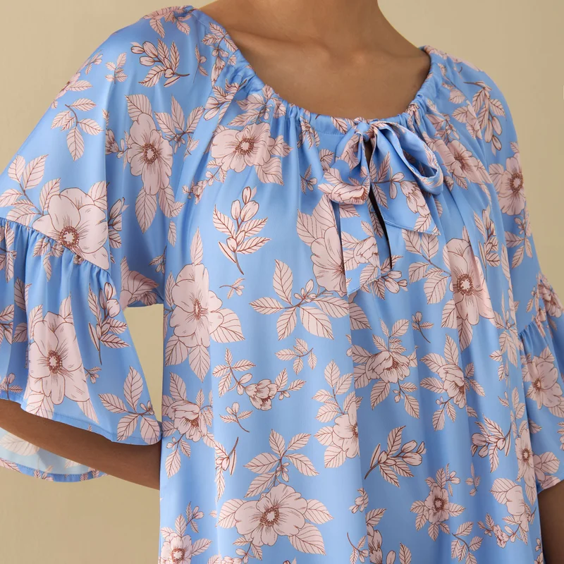 Splash FAV All-Over Floral Print Satin Night Dress with Extended Sleeves