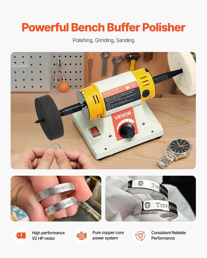 VEVOR Bench Buffer Polisher, 1/2Hp Polishing Buffing Machine, 0 To 8000Rpm Benchtop Polisher Grinder With 4" Cloth Wheel, 3" Grinding Wheel & 3" Fiber Wheel For Metal, Jewelry, Wood And Plastic - Image 5