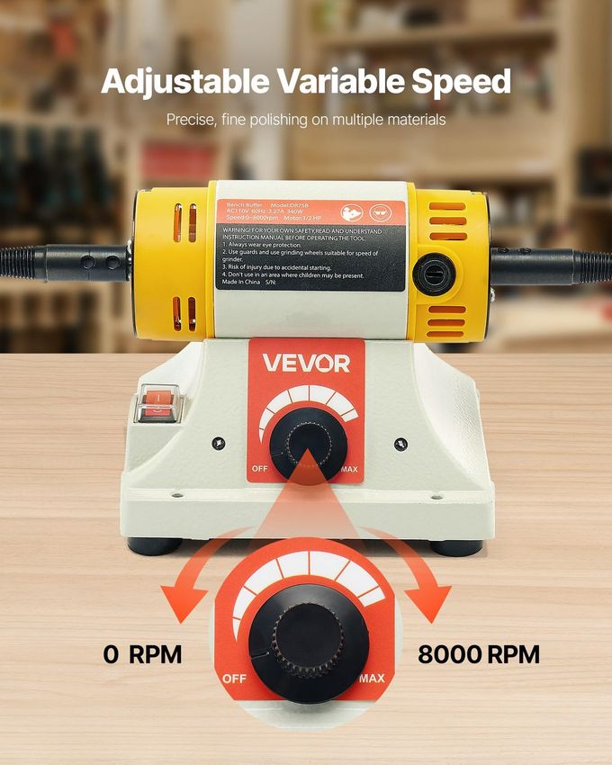 VEVOR Bench Buffer Polisher, 1/2Hp Polishing Buffing Machine, 0 To 8000Rpm Benchtop Polisher Grinder With 4" Cloth Wheel, 3" Grinding Wheel & 3" Fiber Wheel For Metal, Jewelry, Wood And Plastic - Image 3