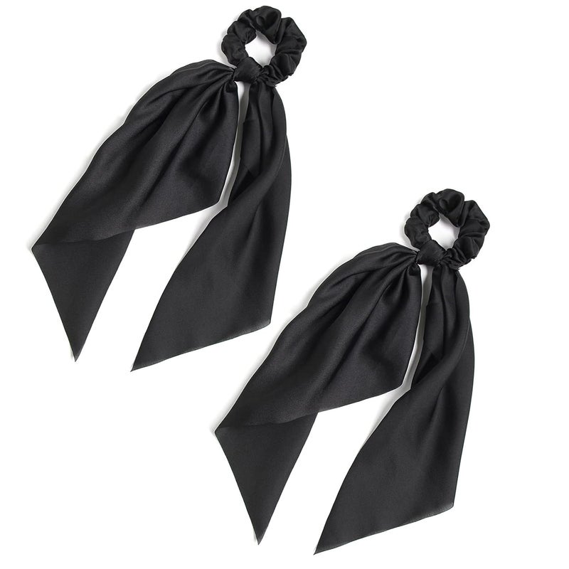 LFOUVRE Pack of 2 Knotted Bow Hair Scrunchies Elastic Hair Scarf Black Hair Ties Bands Satin Hair Ribbon Scrunchy Red Ponytail Holder for Women and Girls (Black) - Image 1